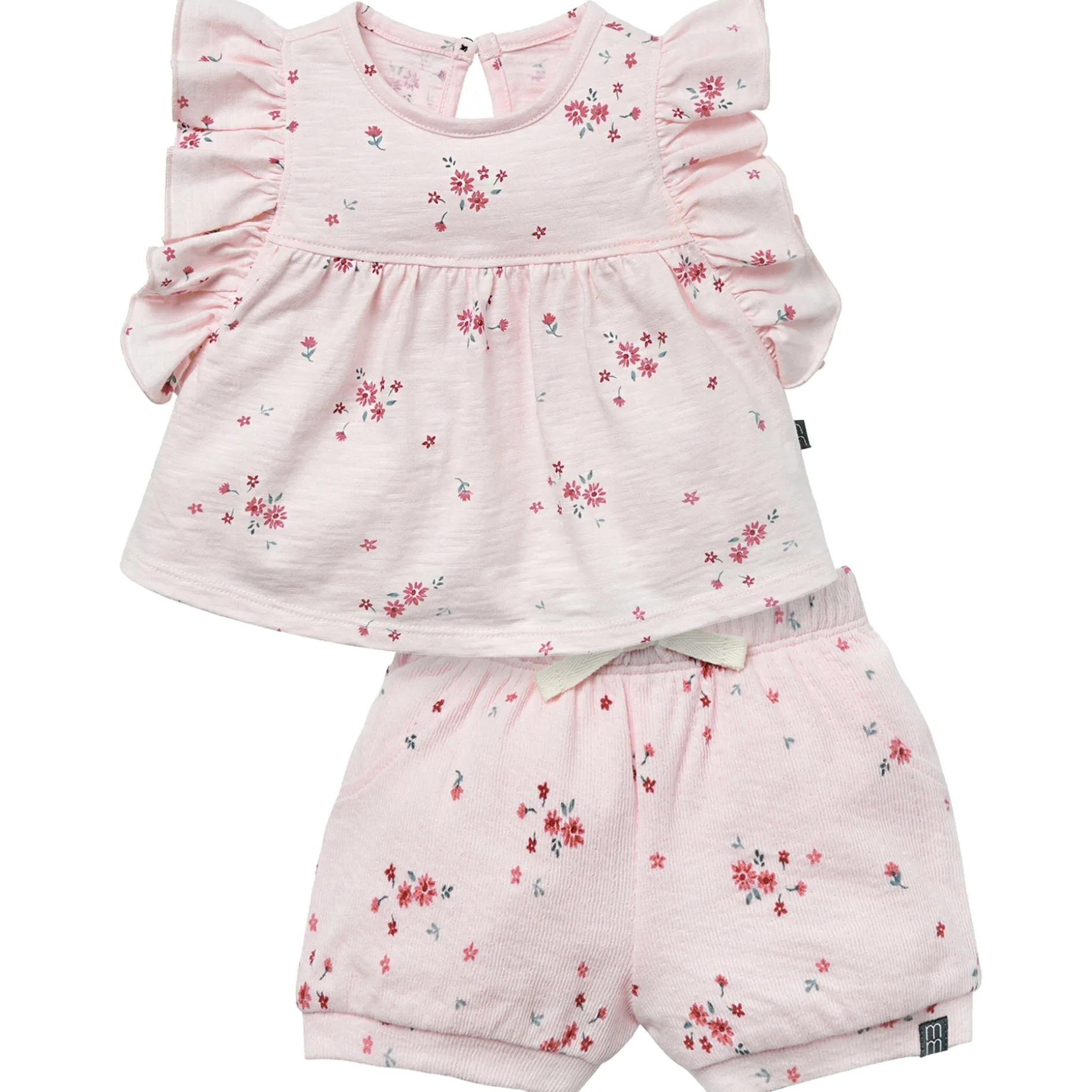 2-Piece Baby Girls Light Pink Floral Ruffled Sleeve Top & Cuffed Shorts Set