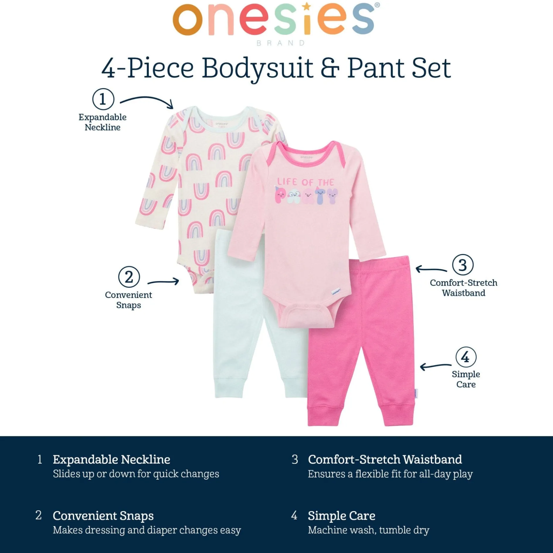 4-Piece Baby Girls Party Rainbow Onesies® Bodysuits and Pants
