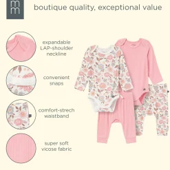 4-Piece Baby Girls Peach Floral Viscose Bodysuits and Pants Set