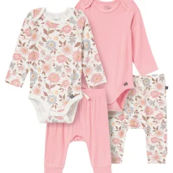 4-Piece Baby Girls Peach Floral Viscose Bodysuits and Pants Set