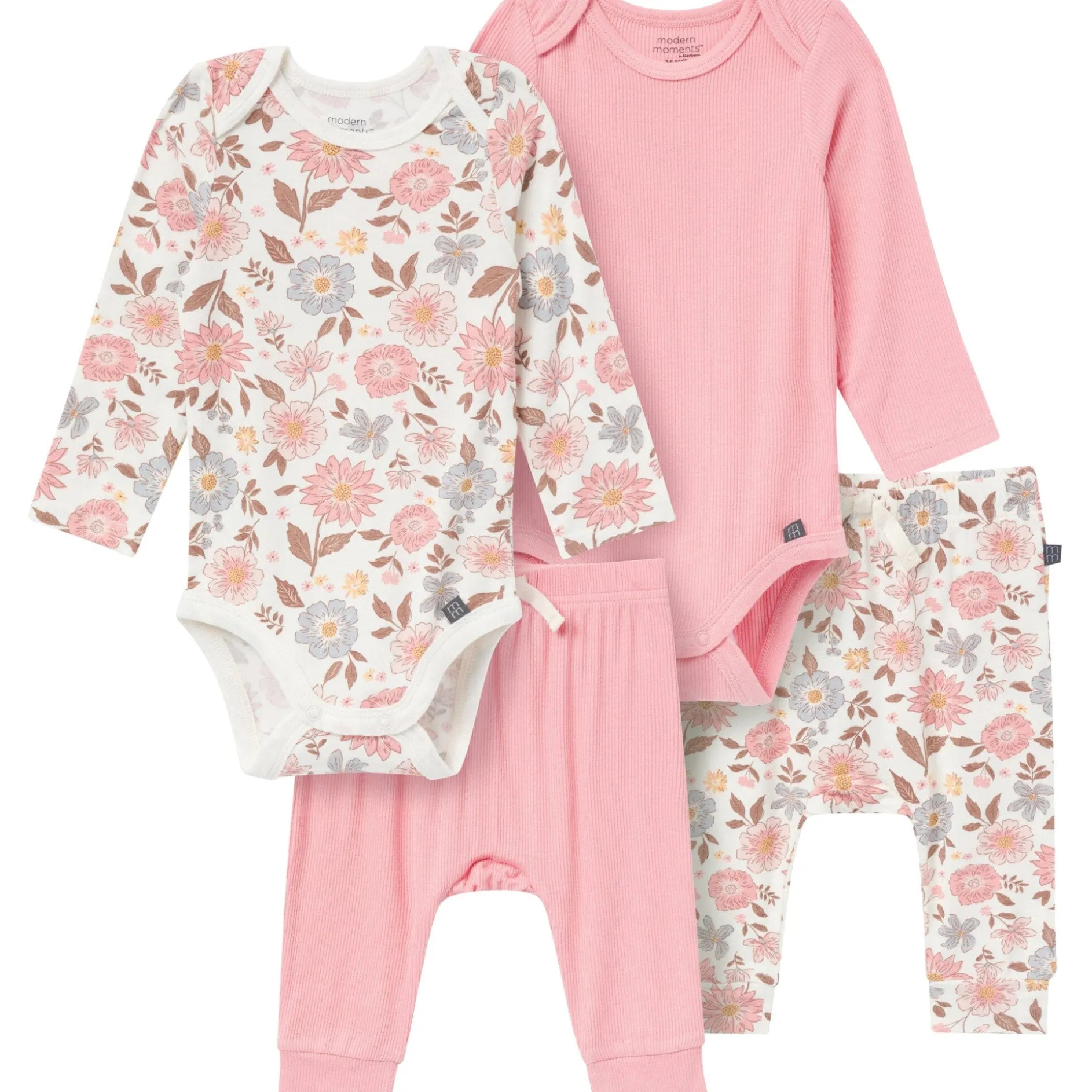 4-Piece Baby Girls Peach Floral Viscose Bodysuits and Pants Set