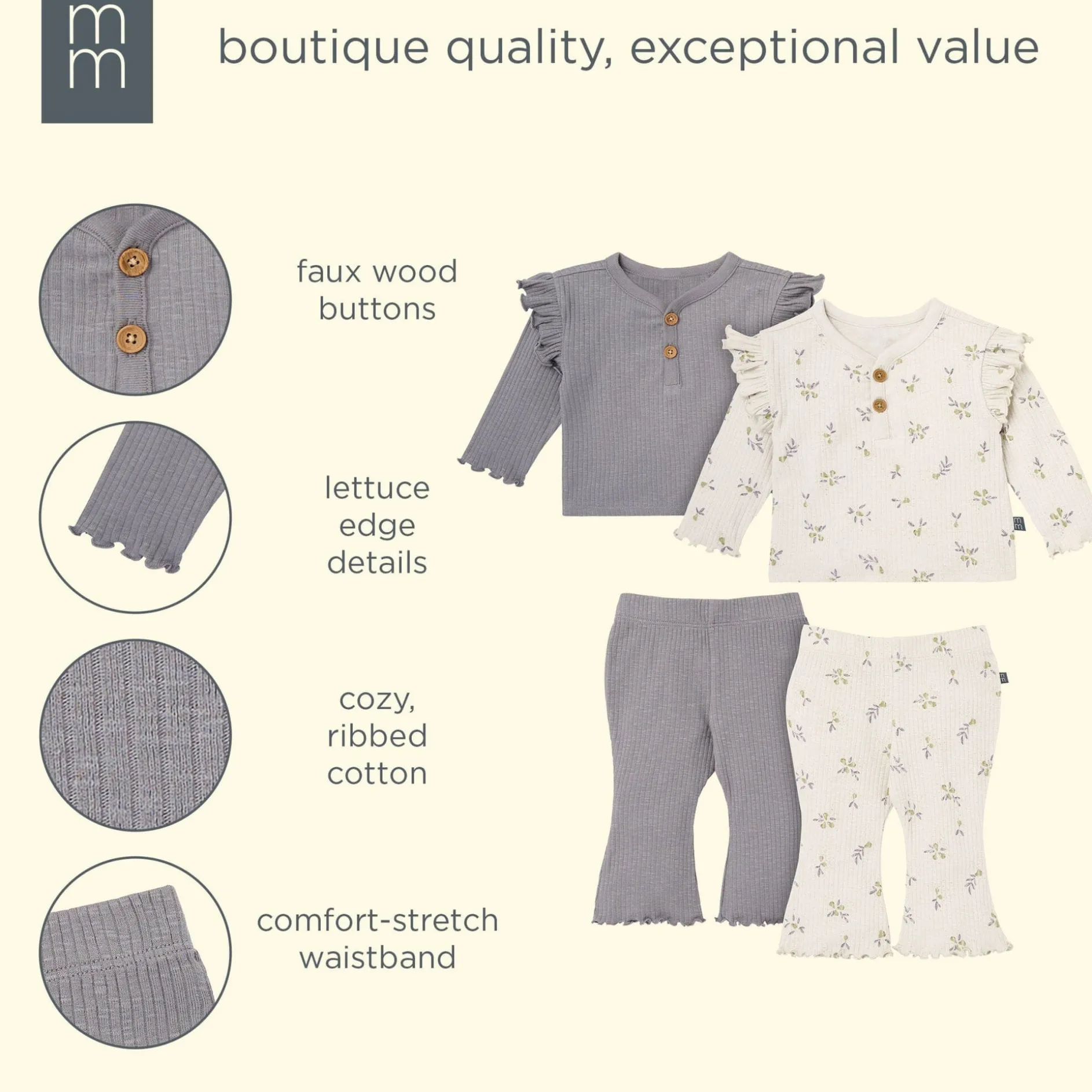 4-Piece Baby Girls Pear Henley Ruffle Tops and Pants Set