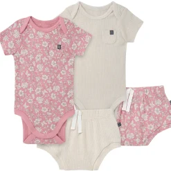 4-Piece Baby Girls Pink Flower Short Sleeve Bodysuits and Shorts Set