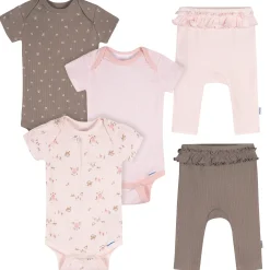 5-Piece Baby Girls Pink Garden Bodysuits & Pants Set