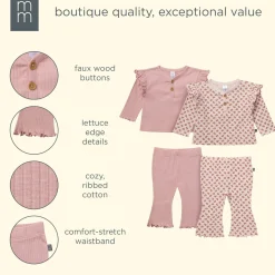 4-Piece Baby Girls Pink Petite Ditsy Henley Ruffle Tops and Pants Set