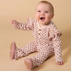 4-Piece Baby Girls Pink Petite Ditsy Henley Ruffle Tops and Pants Set