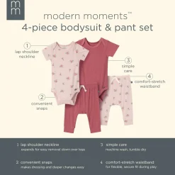 4-Piece Baby Girls Pink Roses Bodysuits and Pants Viscose Set