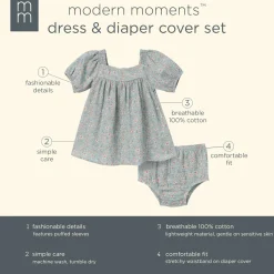 2-Piece Baby Girls Teal Ditsy Puffed Sleeve Dress and Diaper Cover