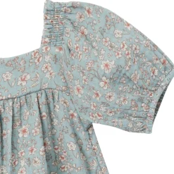 2-Piece Baby Girls Teal Ditsy Puffed Sleeve Dress and Diaper Cover