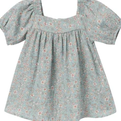 2-Piece Baby Girls Teal Ditsy Puffed Sleeve Dress and Diaper Cover