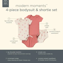 4-Piece Baby Neutral Beige Lobster Short Sleeve Bodysuits and Shorts Set