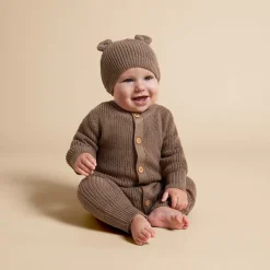 2-Piece Baby Neutral Brown Sweater Romper & Hat Set