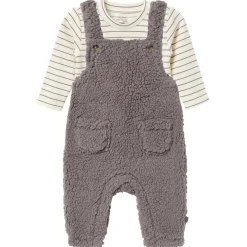 2-Piece Baby Neutral Medium Gray Microplush Overalls