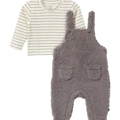 2-Piece Baby Neutral Medium Gray Microplush Overalls