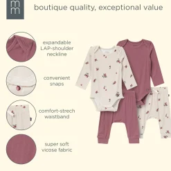 4-Piece Baby Neutral Plums Viscose Bodysuits and Pants Set
