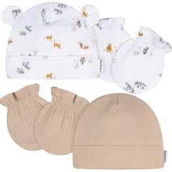 4-Piece Baby Neutral Safari Cap and Mitten Set