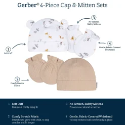 4-Piece Baby Neutral Safari Cap and Mitten Set