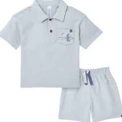 2-Piece Boys Blue Sailboat Polo Shirt and Shorts Set