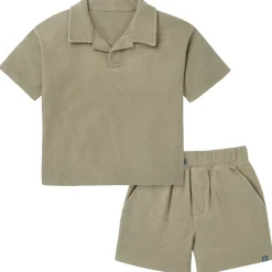 2-Piece Boys Muted Olive Johnny Collar Shirt and Shorts Set