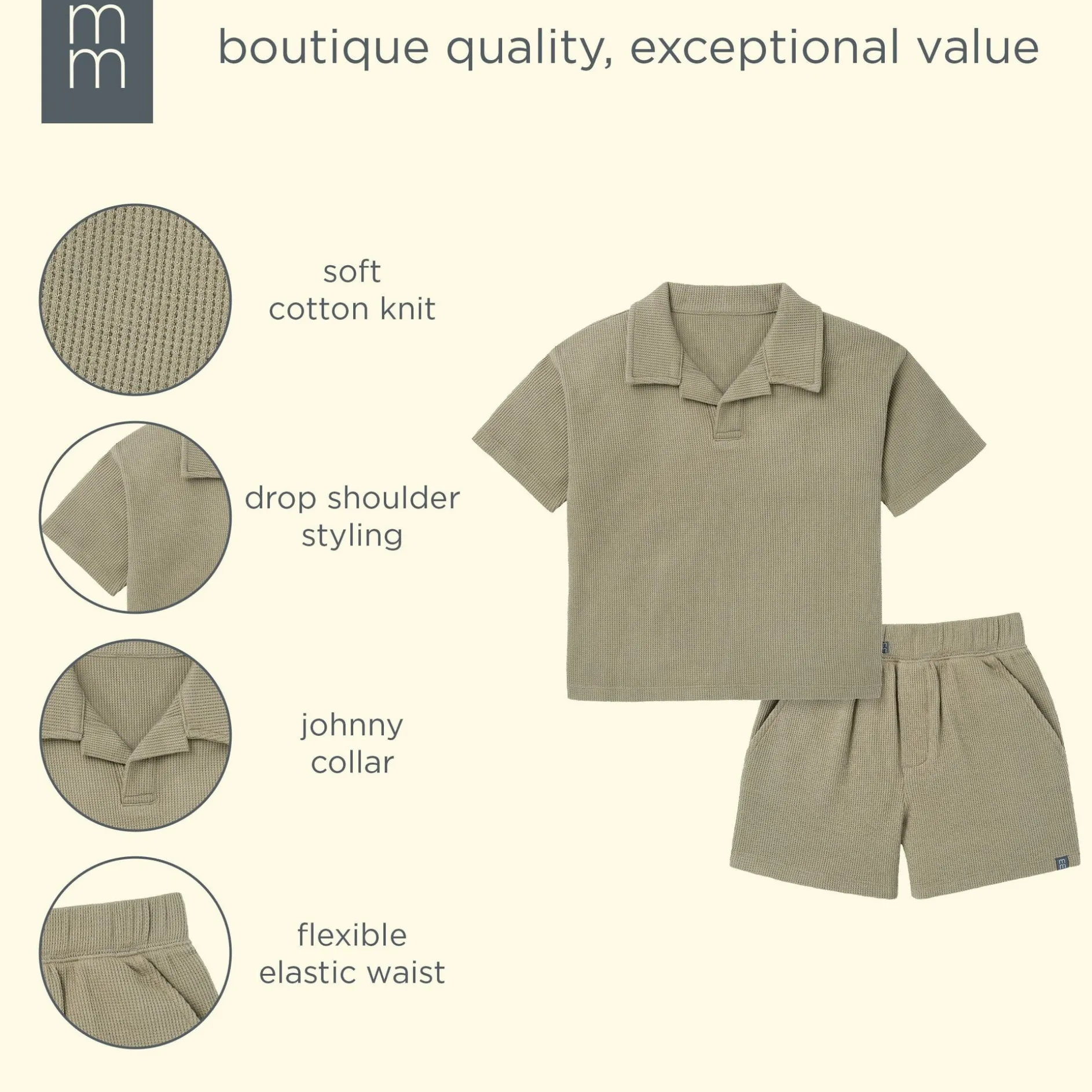 2-Piece Boys Muted Olive Johnny Collar Shirt and Shorts Set