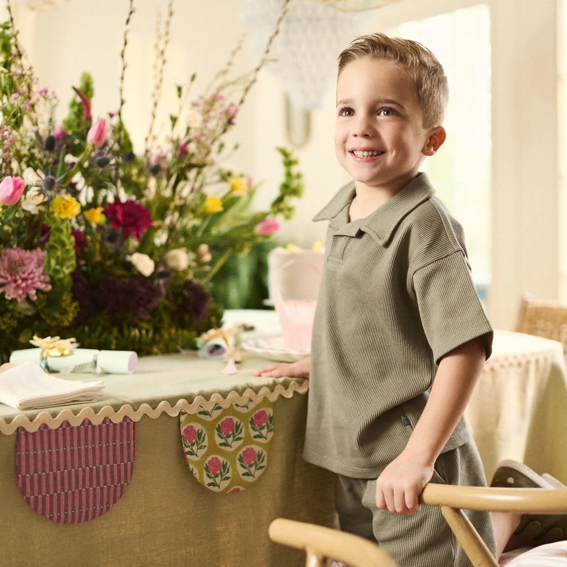 2-Piece Boys Muted Olive Johnny Collar Shirt and Shorts Set