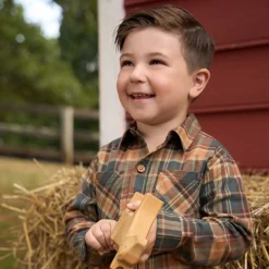 2-Piece Boys Orange Plaid Shirt and Pant Set