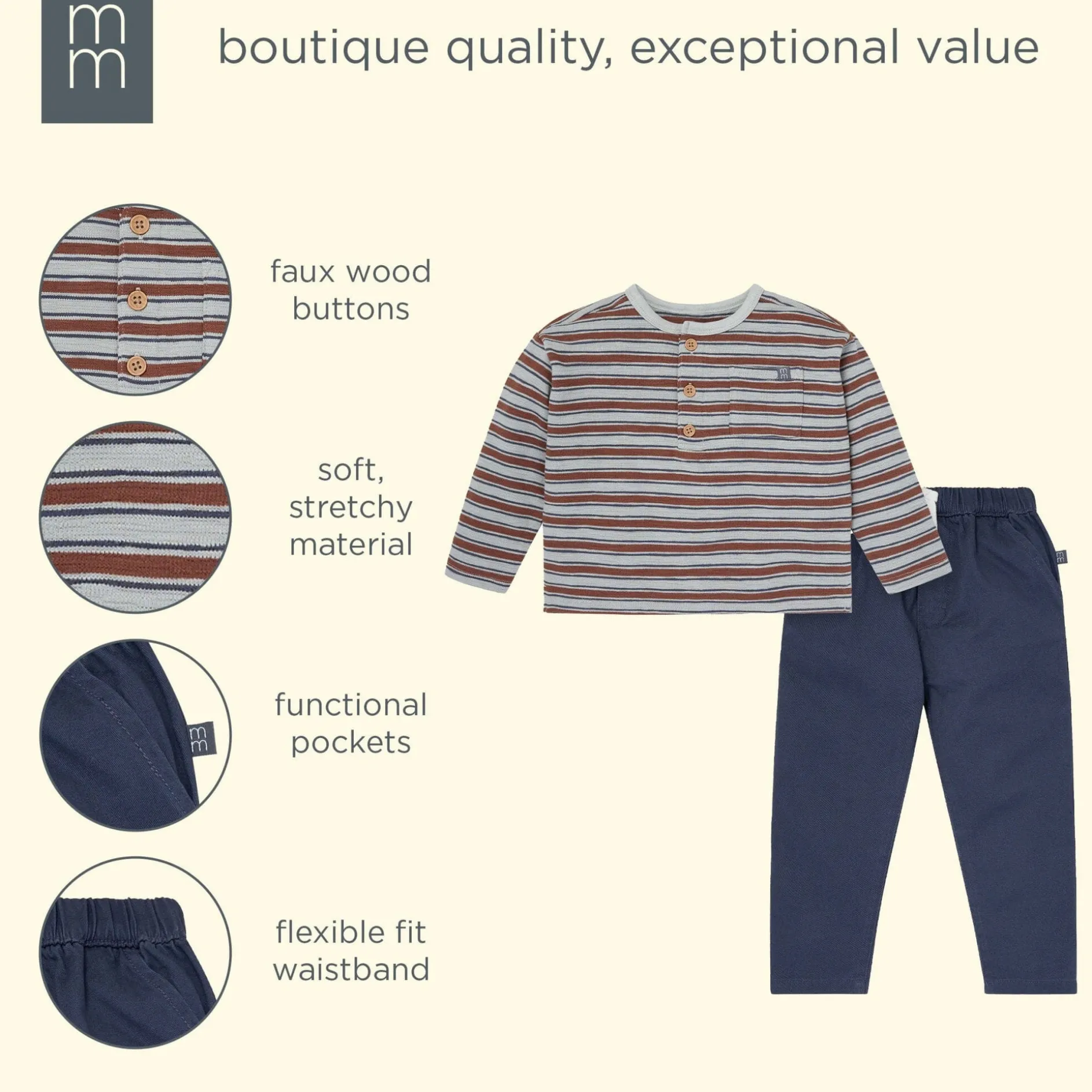 2-Piece Boys Wrought Iron Stripe Henley Top and Pant Set