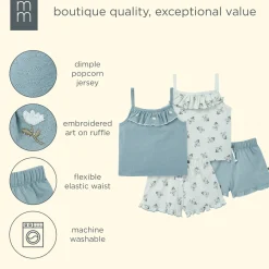 4-Piece Girls Blue Floral Tank Tops & Shorts Set