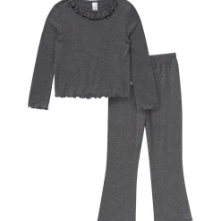 2-Piece Girls Dark Grey Ruffle Collar Top and Flare Pant Set