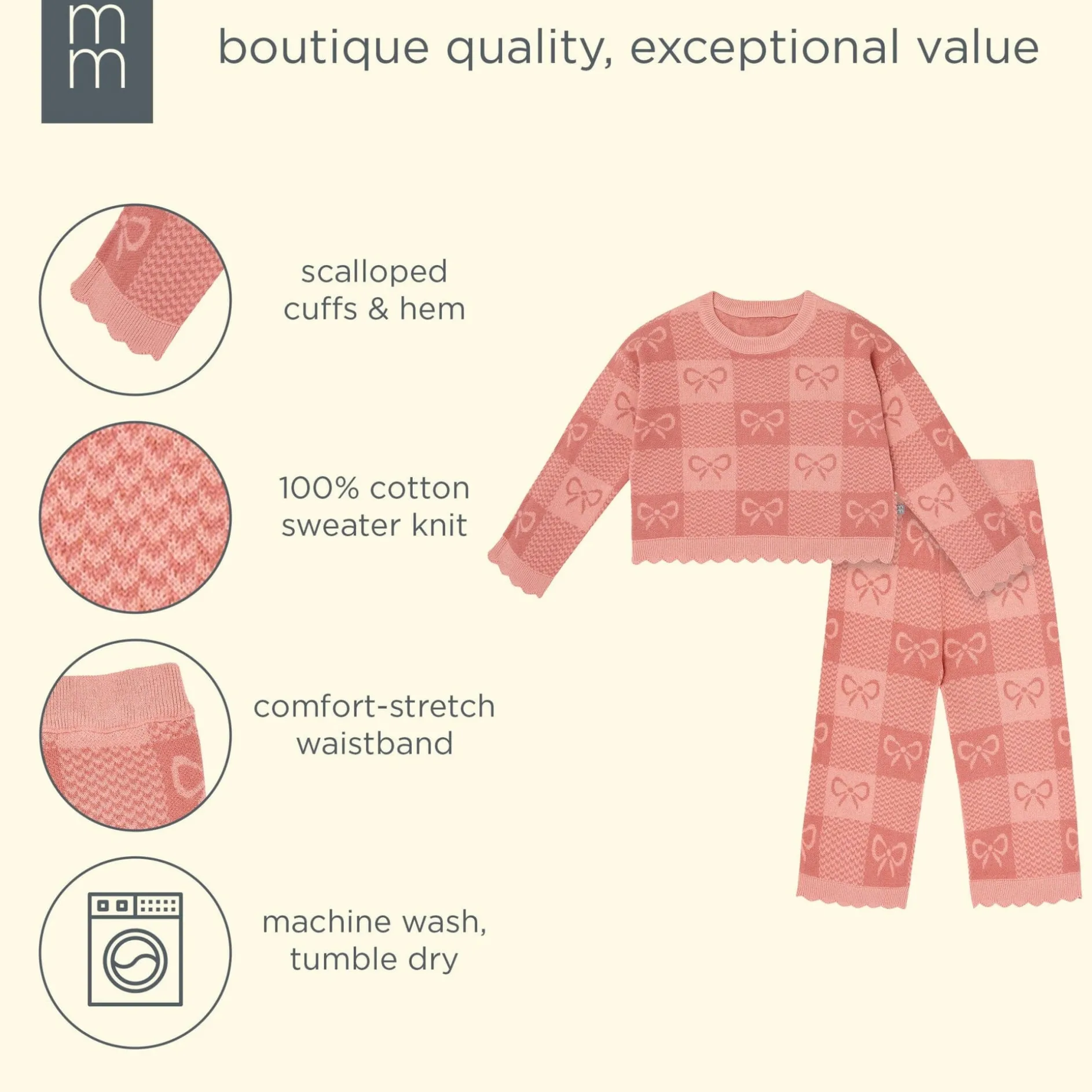 2-Piece Girls Pink Bows Check Sweater Top and Pant Set
