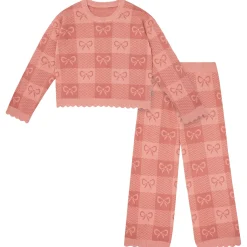 2-Piece Girls Pink Bows Check Sweater Top and Pant Set