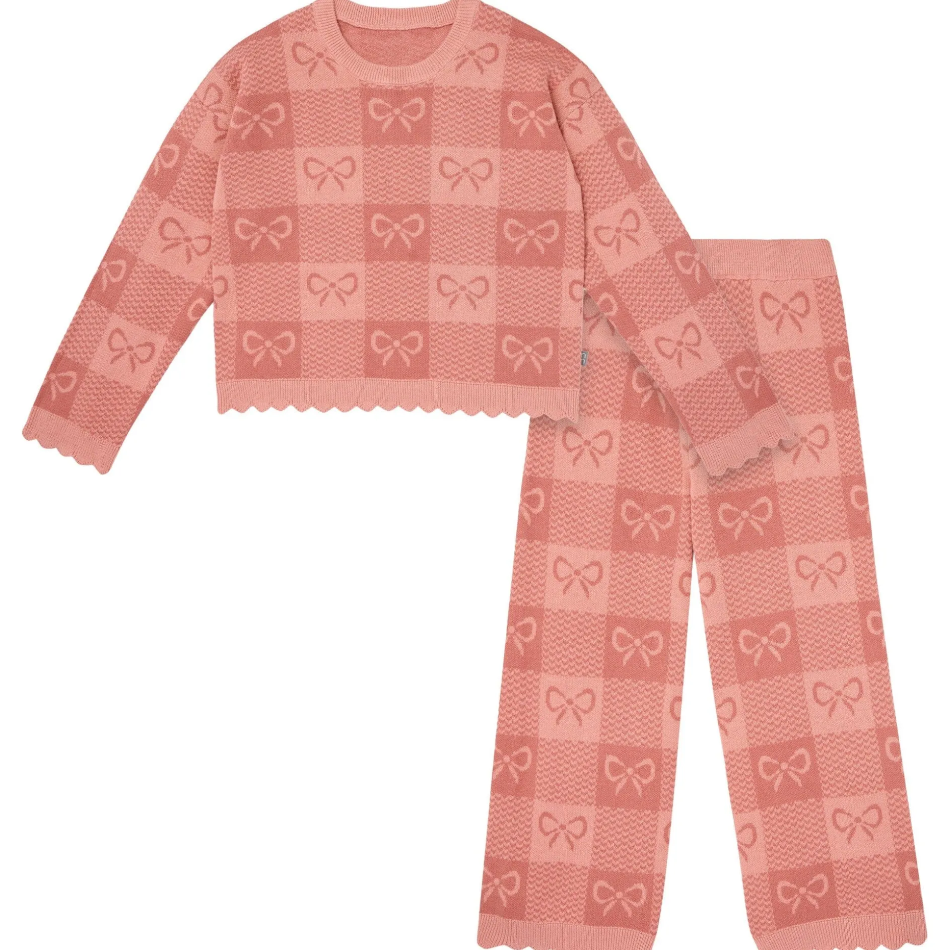 2-Piece Girls Pink Bows Check Sweater Top and Pant Set