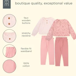 4-Piece Girls Rose Henley Tops and Paperbag Pants Set