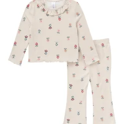 2-Piece Girls Small Flowers Ruffle Collar Top and Flare Pant Set