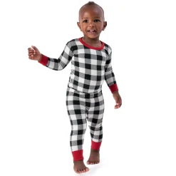 2-Piece Infant and Toddler Neutral Buffalo Plaid Hacci Snug Fit Pajama Set