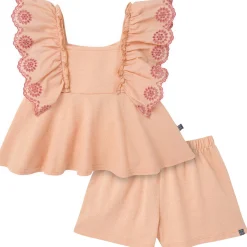 2-Piece Infant & Kids Girls Apricot Cream Eyelet Top and Shorts Set