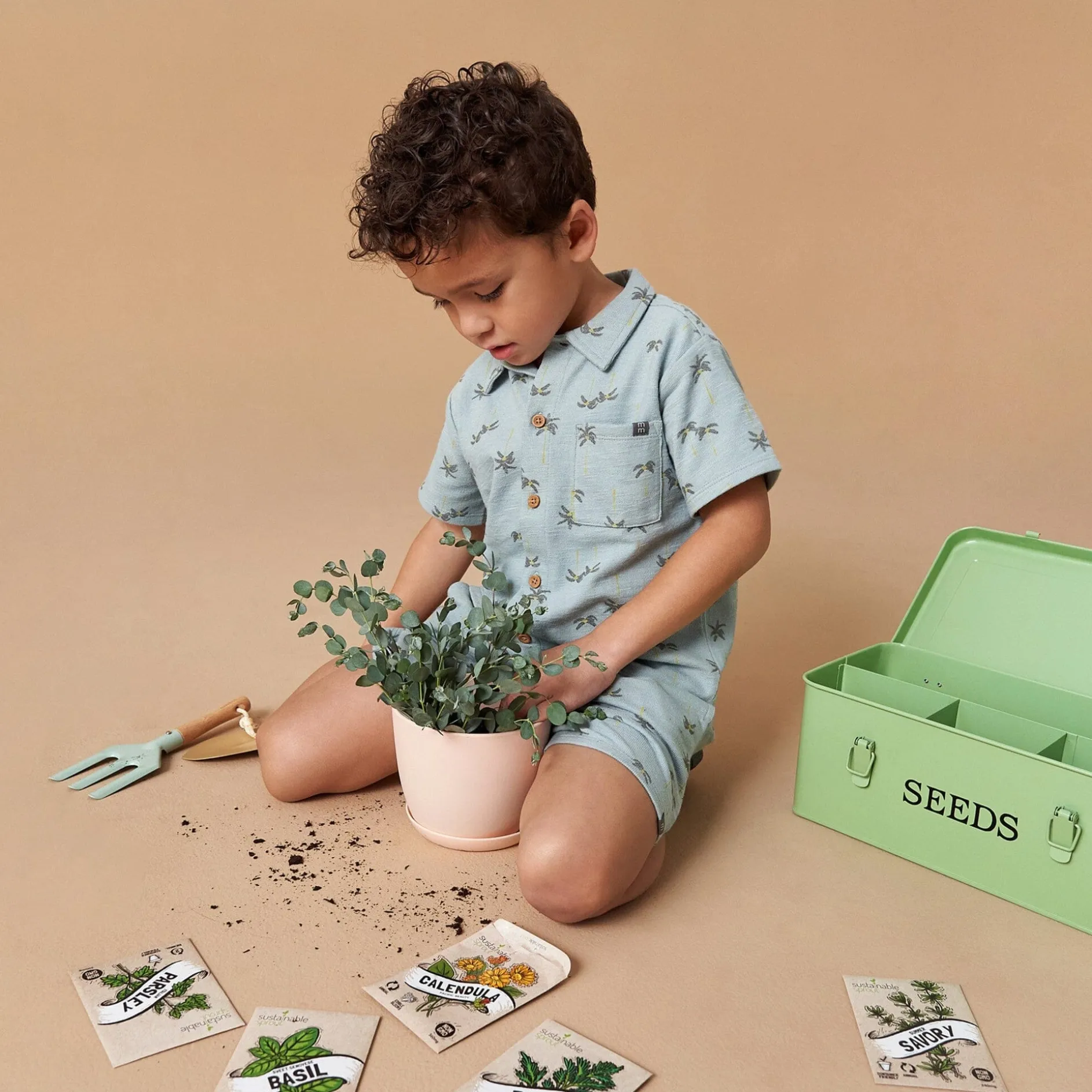 2-Piece Infant & Toddler Boys Blue Palms Button Front Shirt and Shorts Set