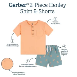 2-Piece Infant & Toddler Boys Peach Lobster Henley Top and Shorts Set