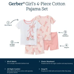 4-Piece Infant & Toddler Girls Ballet Slippers Top and Shorts Pajama Set