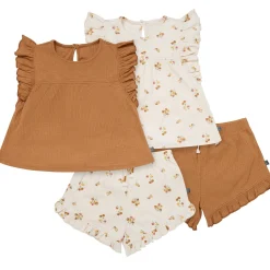 4-Piece Infant & Toddler Girls Beige Flowers Flutter Sleeve Tops and Shorts Set