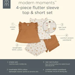 4-Piece Infant & Toddler Girls Beige Flowers Flutter Sleeve Tops and Shorts Set