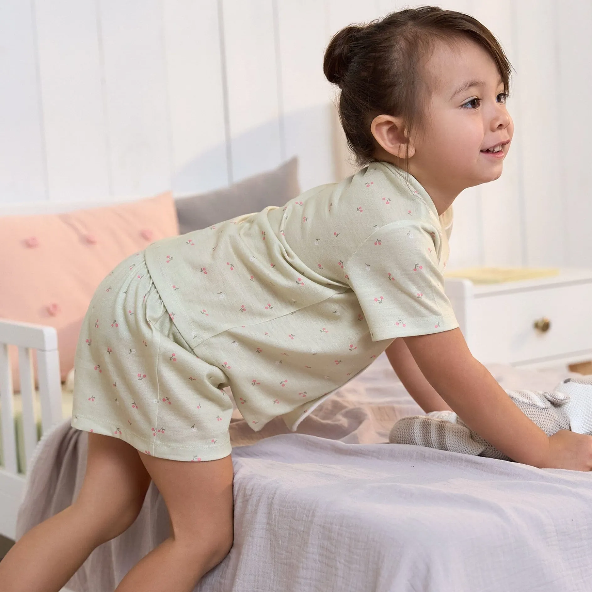 2-Piece Infant & Toddler Girls Cherries Button Up Pajama Shorts Set