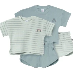 4-Piece Infant & Toddler Girls Light Sky Stripe Drop Shoulder Crop Tops and Shorts Set