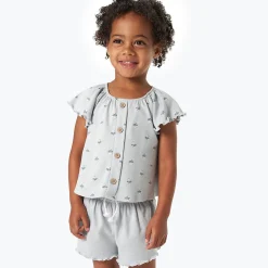 2-Piece Infant & Toddler Girls Light Blue Daisy Ruffled Sleeve Top & Smocked Wide Leg Shorts Set