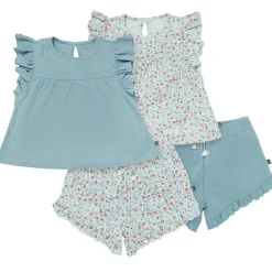 4-Piece Infant & Toddler Girls Vine Floral Flutter Sleeve Tops and Shorts Set