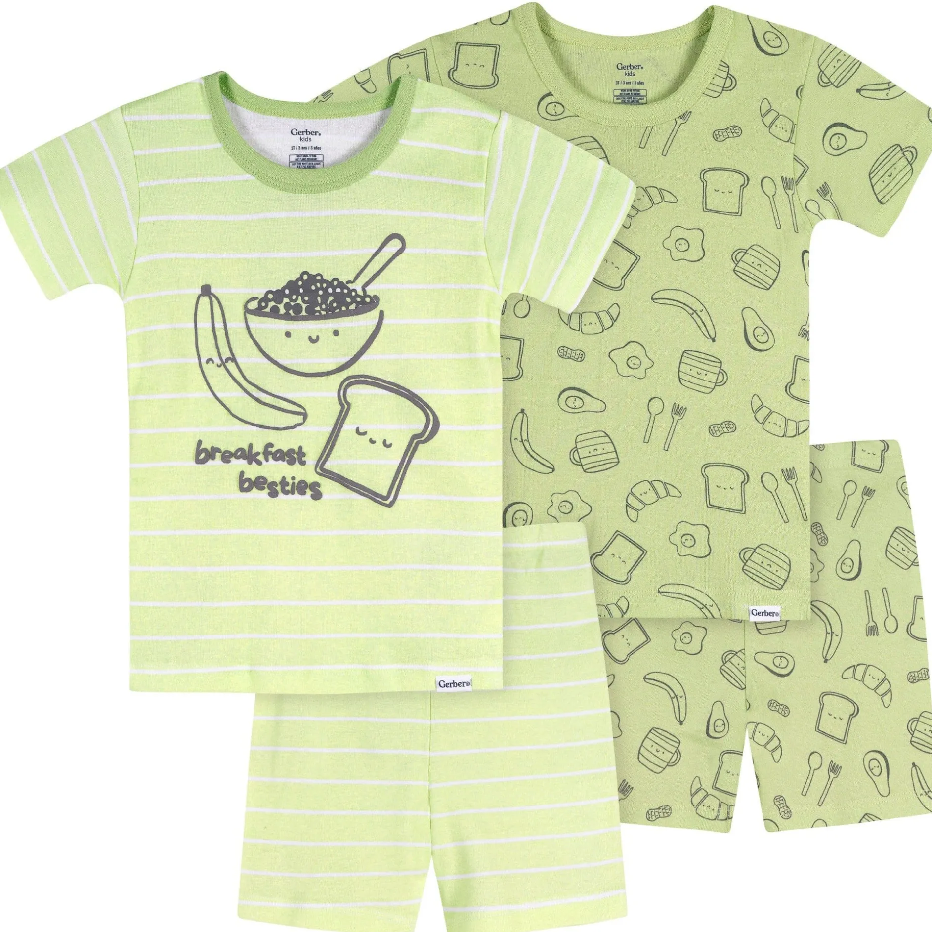 4-Piece Infant & Toddler Neutral Green Breakfast Cotton Pajama Short Set