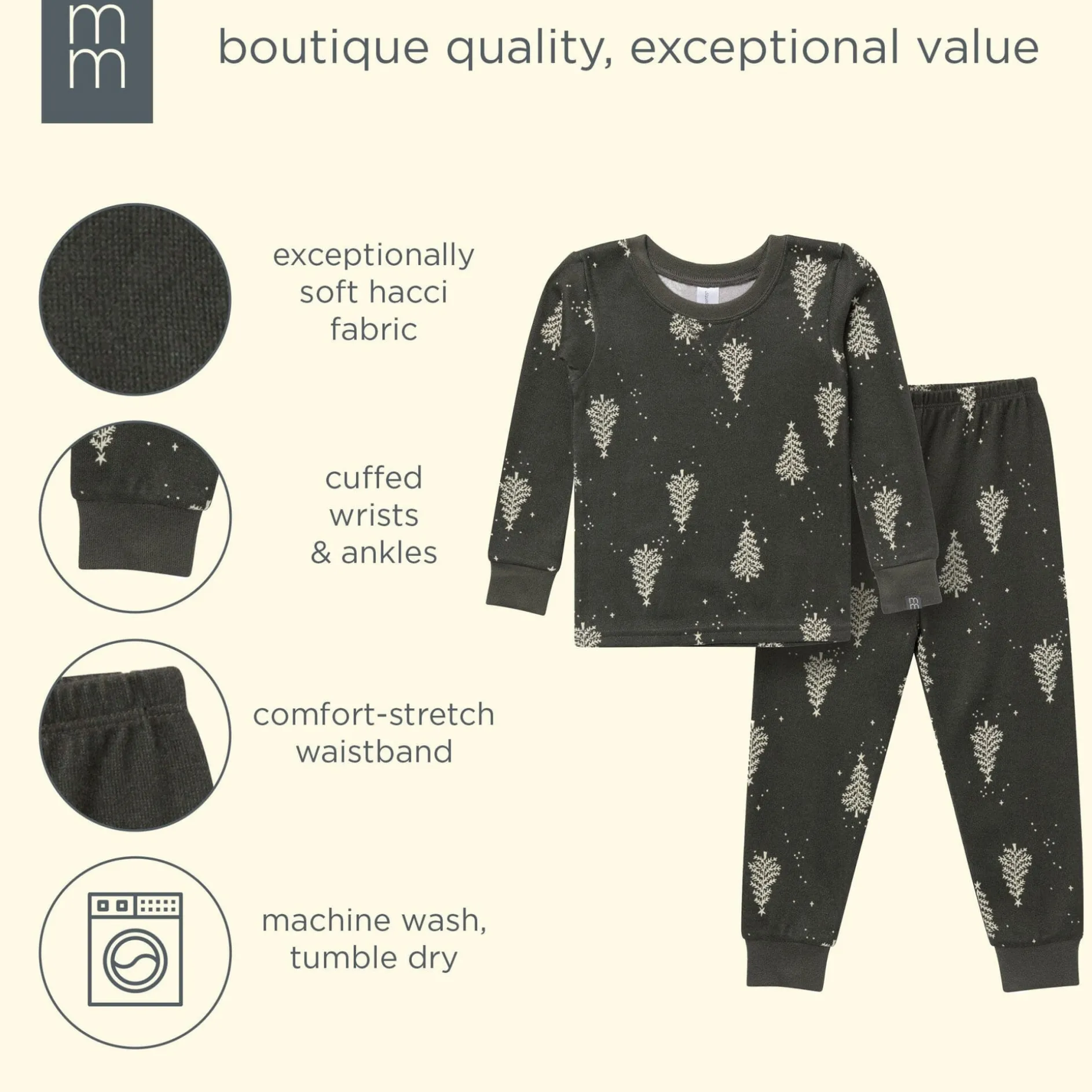 2-Piece Neutral Green Christmas Tree Snug Fit Pajama Set