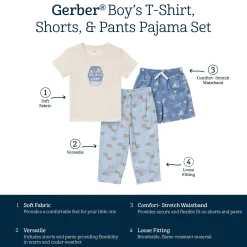 3-Piece Toddler Boys Bear T-Shirt, Shorts & Pants Pajama Set