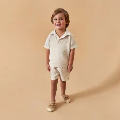 2-Piece Toddler Boys Beige Johnny Collar Shirt and Shorts Set