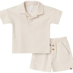 2-Piece Toddler Boys Beige Johnny Collar Shirt and Shorts Set